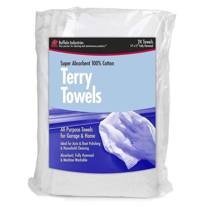 (60221) 14" x 17" Fully Hemmed Absorbent Terry Towels - All-Purpose Towels for Automotive, Garage and Home - 100% Cotton - Machine Washable - Pack of 24